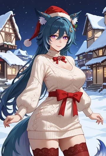 star rail,yukong,Christmas,sweater dress,stockings  - AI generated anime art