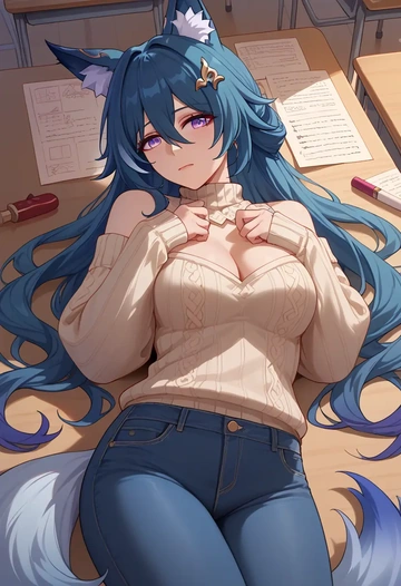 star rail,yukong,teacher, sweater, jeans shorts  - AI generated anime art