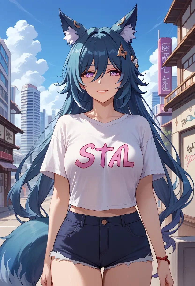 star rail,yukong,crop graffiti tee,dolphin shorts  - 