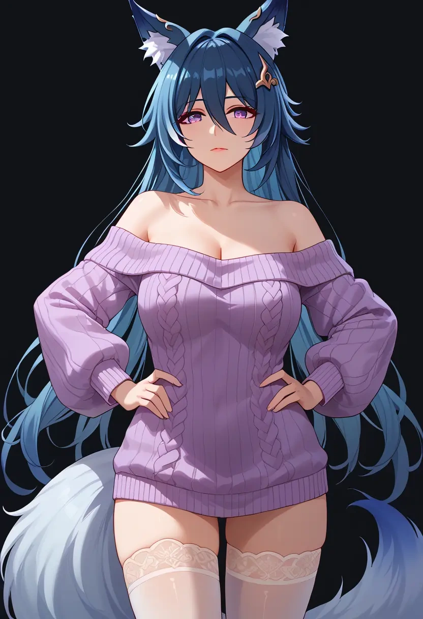 star rail,yukong,Hands on hips,off-shoulder,sweater,stockings  - 