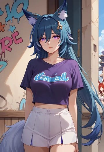 star rail,yukong,crop graffiti tee,dolphin shorts  - AI generated anime art