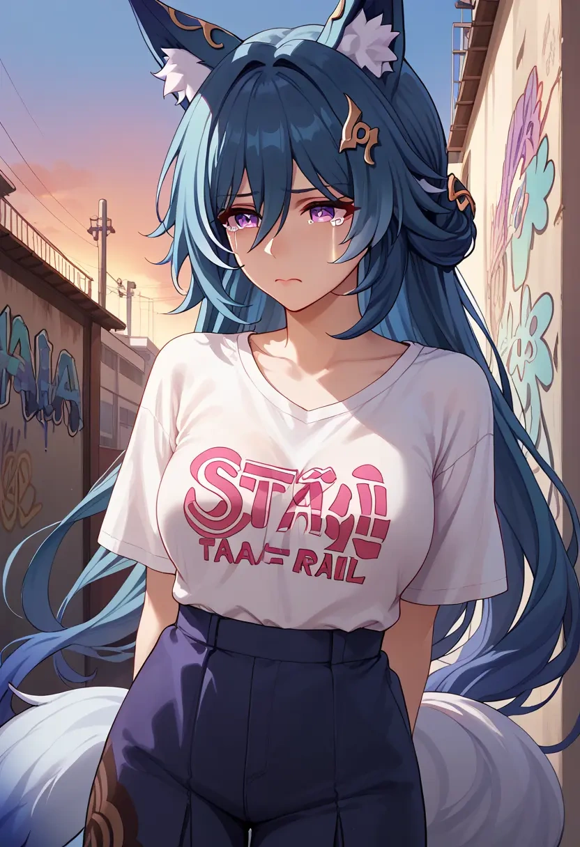 star rail,yukong,oversized graffiti shirt,dolphin shorts  - 