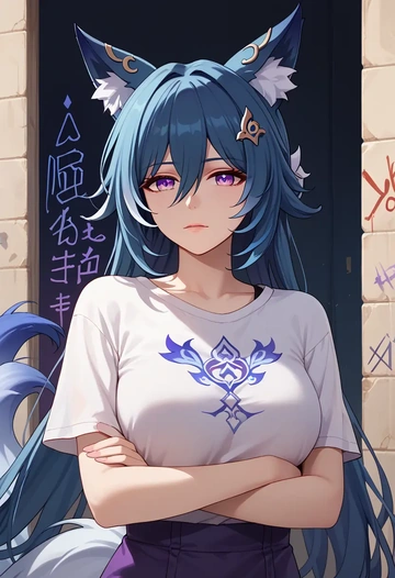 star rail,yukong,crop graffiti tee,dolphin shorts  - AI generated anime art