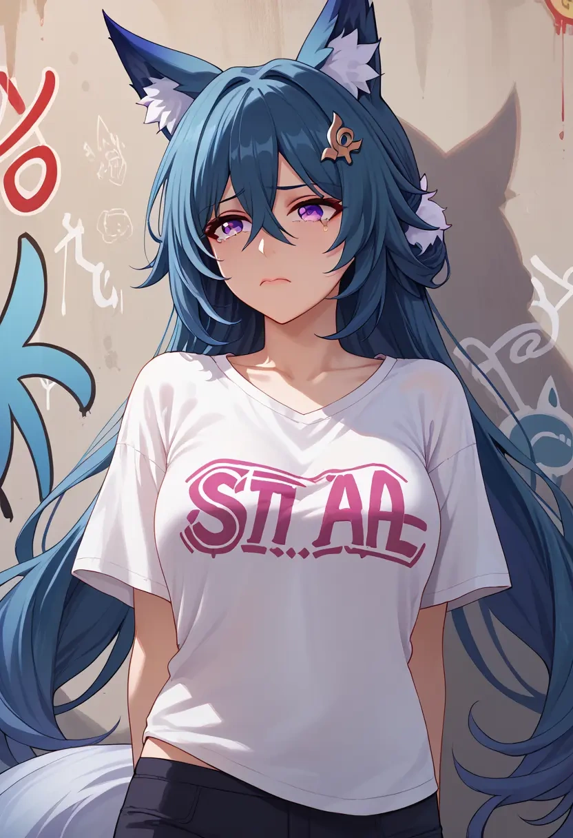 star rail,yukong,oversized graffiti shirt,dolphin shorts  - 