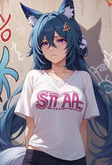 star rail,yukong,oversized graffiti shirt,dolphin shorts  - AI generated anime art