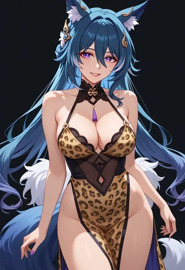 star rail,yukong,leopard print,silk slip dress  - AI generated anime art