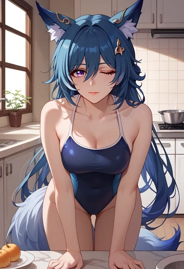 star rail,yukong,retro style swimsuit,frilled neckline,bow detail  - AI generated anime art