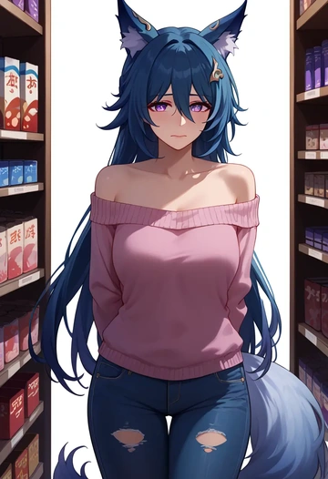 star rail,yukong,sweater,off-shoulder,ripped jeans  - AI generated anime art