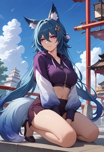 star rail,yukong,crop hoodie,shorts  - AI generated anime art