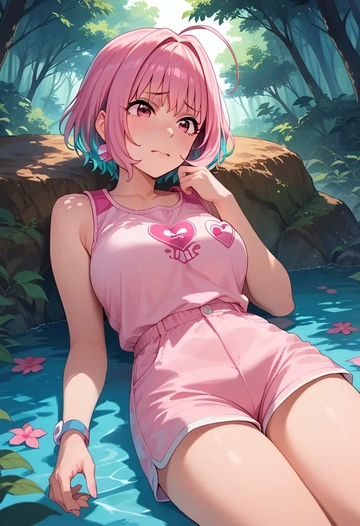 idolmaster,yumemi_riamu,sleeveless swim top,shorts-style bottom,contrast stitching  - AI generated anime art