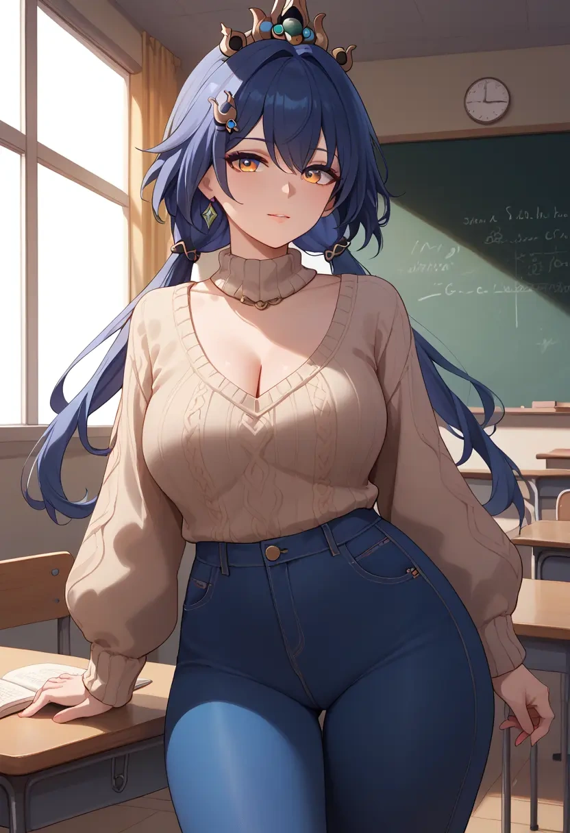 star rail,yunli,teacher, sweater, jeans shorts  - 