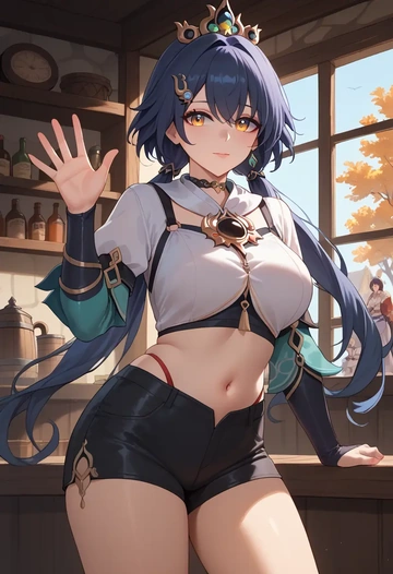 star rail,yunli,leather,shorts,crop top  - AI generated anime art