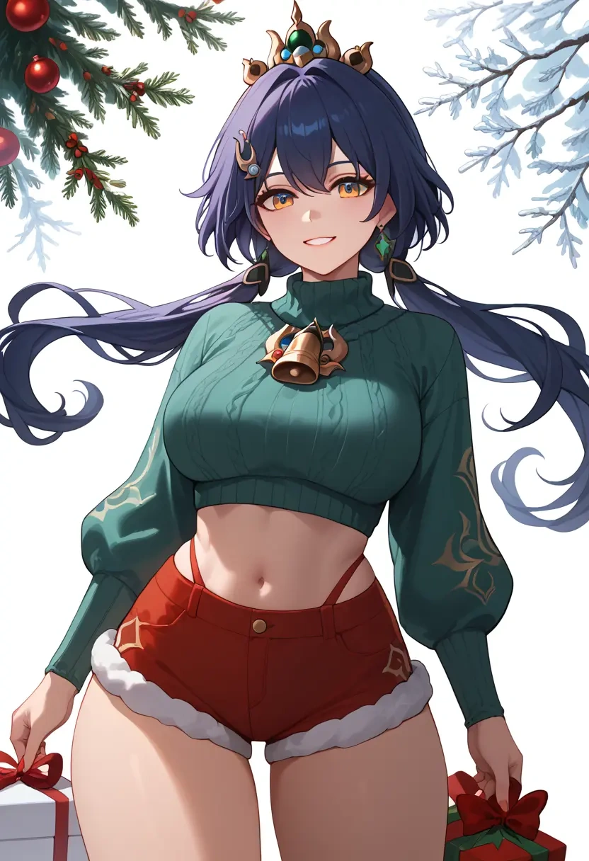 star rail,yunli,Christmas,red velvet shorts,turtleneck sweater  - 