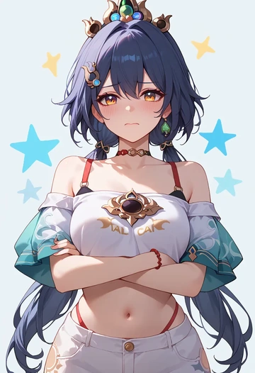 star rail,yunli,off-shoulder top,dolphin shorts  - AI generated anime art