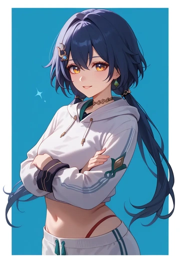 star rail,yunli,hoodie,cropped,high-waisted joggers  - AI generated anime art