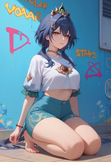 star rail,yunli,cropped graffiti sweatshirt,dolphin shorts  - AI generated anime art