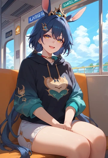 star rail,yunli,oversized graphic hoodie,thigh-high socks,shorts  - AI generated anime art