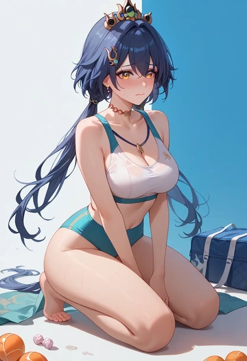 star rail,yunli,tankini top,board shorts  - AI generated anime art