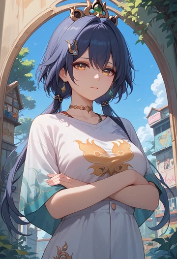 star rail,yunli,oversized graffiti shirt,dolphin shorts  - AI generated anime art