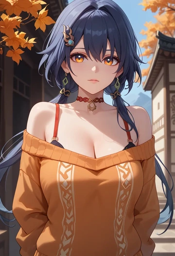 star rail,yunli,orange,sweater,choker  - AI generated anime art