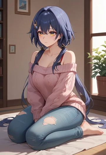 star rail,yunli,sweater,off-shoulder,ripped jeans  - AI generated anime art