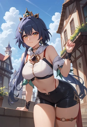 star rail,yunli,leather,shorts,crop top  - AI generated anime art