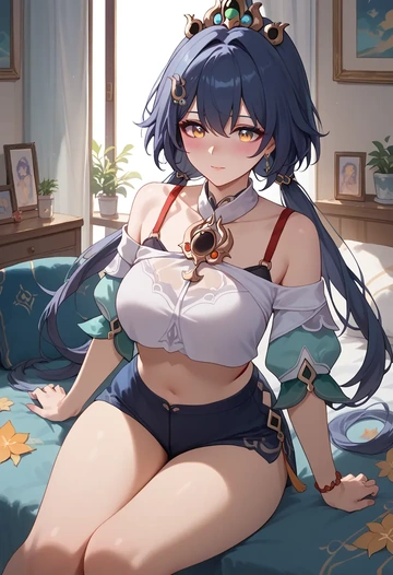 star rail,yunli,off-shoulder top,dolphin shorts  - AI generated anime art