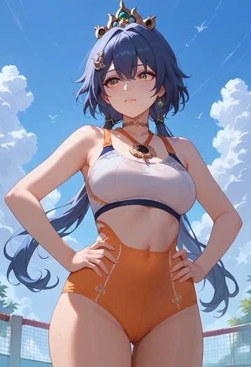 star rail,yunli,tankini top,board shorts  - AI generated anime art