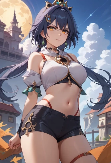 star rail,yunli,leather,shorts,crop top  - AI generated anime art