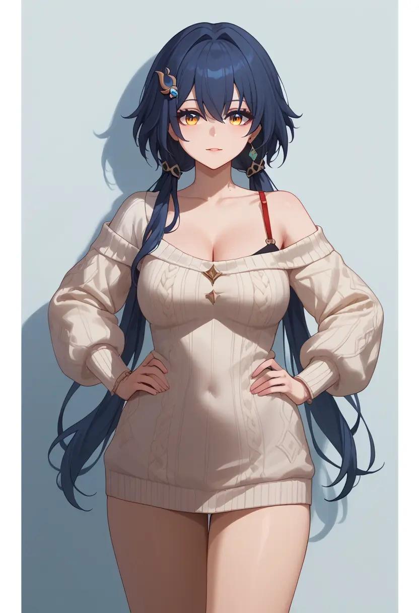 star rail,yunli,Hands on hips,off-shoulder,sweater  - 