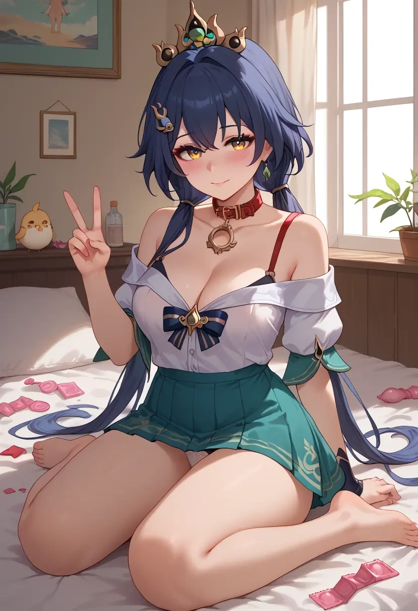 star rail,yunli,blushing,collar, peace sign, condom,mini skirt,Thigh garters  - 