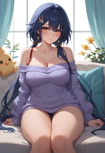 star rail,yunli,blushing,off-shoulder,sweater,stockings  - AI generated anime art