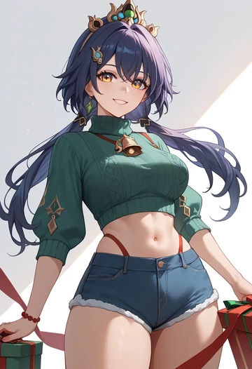 star rail,yunli,Christmas,red velvet shorts,turtleneck sweater  - AI generated anime art