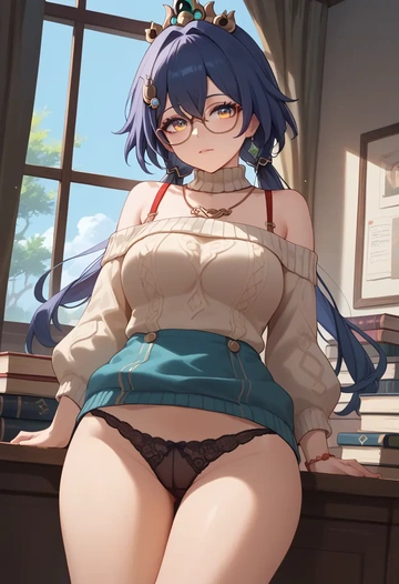 star rail,yunli,off-shoulder,panties,glasses,sweater  - AI generated anime art