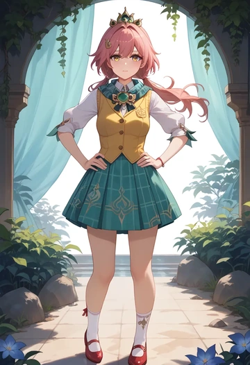 star rail,yunli,spring,student uniform,vest  - AI generated anime art