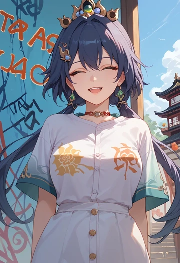 star rail,yunli,oversized graffiti shirt,dolphin shorts  - AI generated anime art