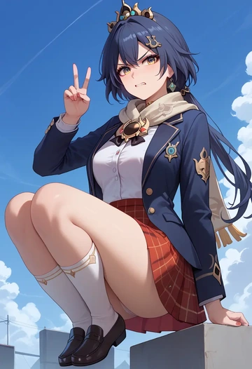 star rail,yunli,winter,student uniform,plaid skirt  - AI generated anime art