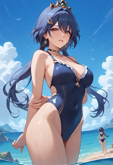 star rail,yunli,retro style swimsuit,frilled neckline,bow detail  - AI generated anime art