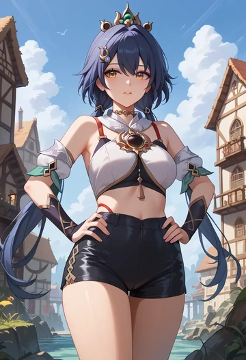 star rail,yunli,leather,shorts,crop top  - AI generated anime art