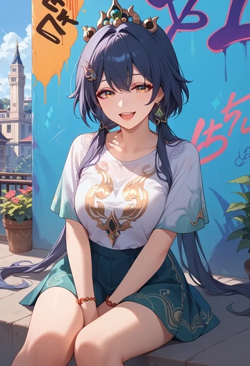 star rail,yunli,silk graffiti shirt,dolphin shorts  - AI generated anime art