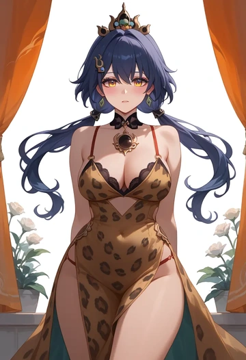 star rail,yunli,leopard print,silk slip dress  - AI generated anime art