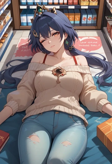 star rail,yunli,sweater,off-shoulder,ripped jeans  - AI generated anime art