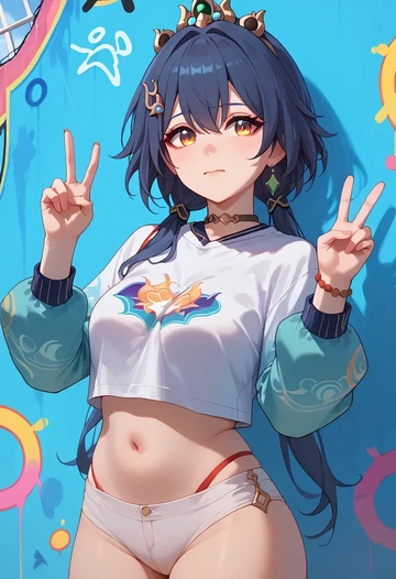 star rail,yunli,cropped graffiti sweatshirt,dolphin shorts  - AI generated anime art