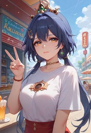 star rail,yunli,crop graffiti tee,dolphin shorts  - AI generated anime art