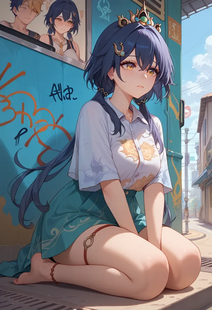 star rail,yunli,oversized graffiti shirt,dolphin shorts  - 