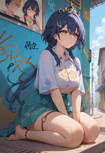 star rail,yunli,oversized graffiti shirt,dolphin shorts  - AI generated anime art