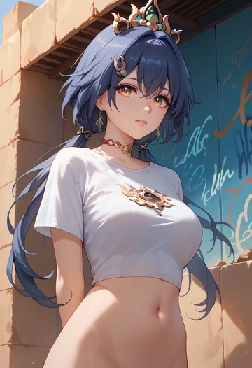 star rail,yunli,crop graffiti tee,dolphin shorts  - AI generated anime art