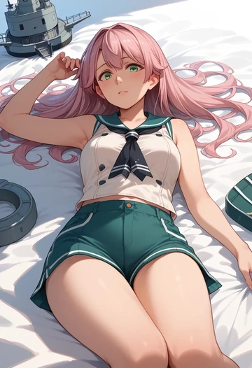 kantai_collection,yura_(kancolle),sleeveless swim top,shorts-style bottom,contrast stitching  - AI generated anime art