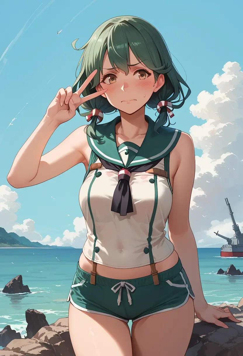 kantai_collection,yuubari_(kancolle),sleeveless swim top,shorts-style bottom,contrast stitching  - 