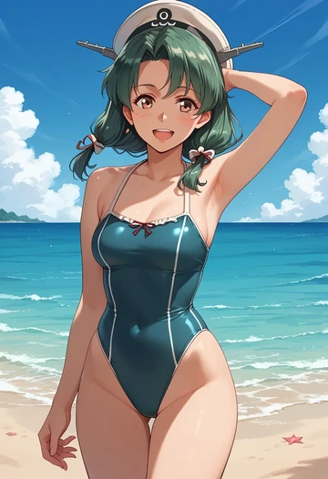 kantai_collection,yuubari_(kancolle),retro style swimsuit,frilled neckline,bow detail  - AI generated anime art